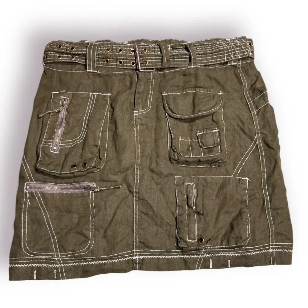 Pete & Greta 100% Green Linen‎ Belted Cargo Mini Skirt Size 4 Retro Midi Skirt